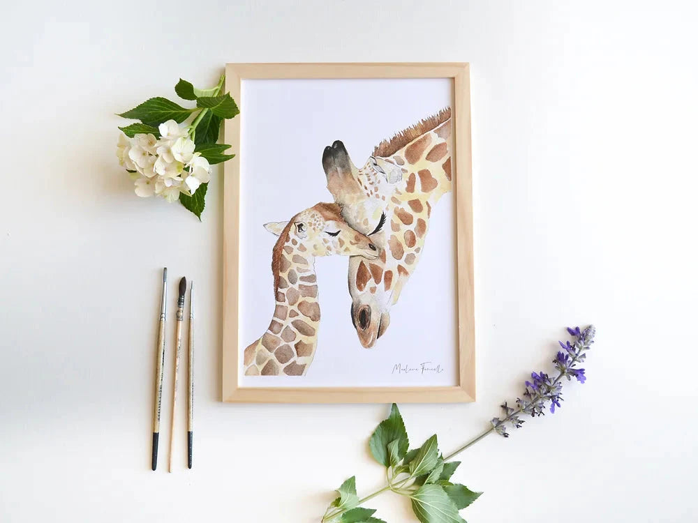 Aquarelle en cadre famille girafe - Merlene Fancelli Art famille girafe 134728673946