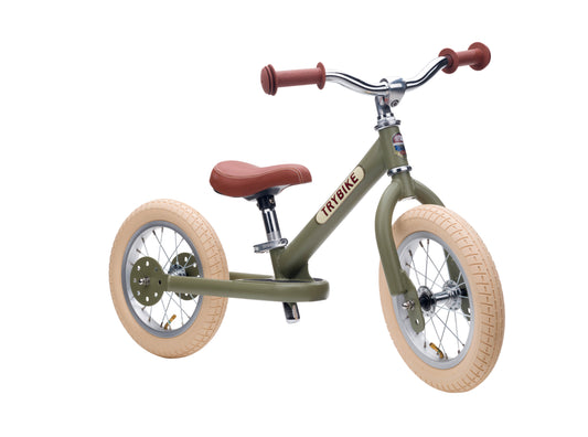 Draisienne Trybike vert vintage 2 roues, vue de trois quarts